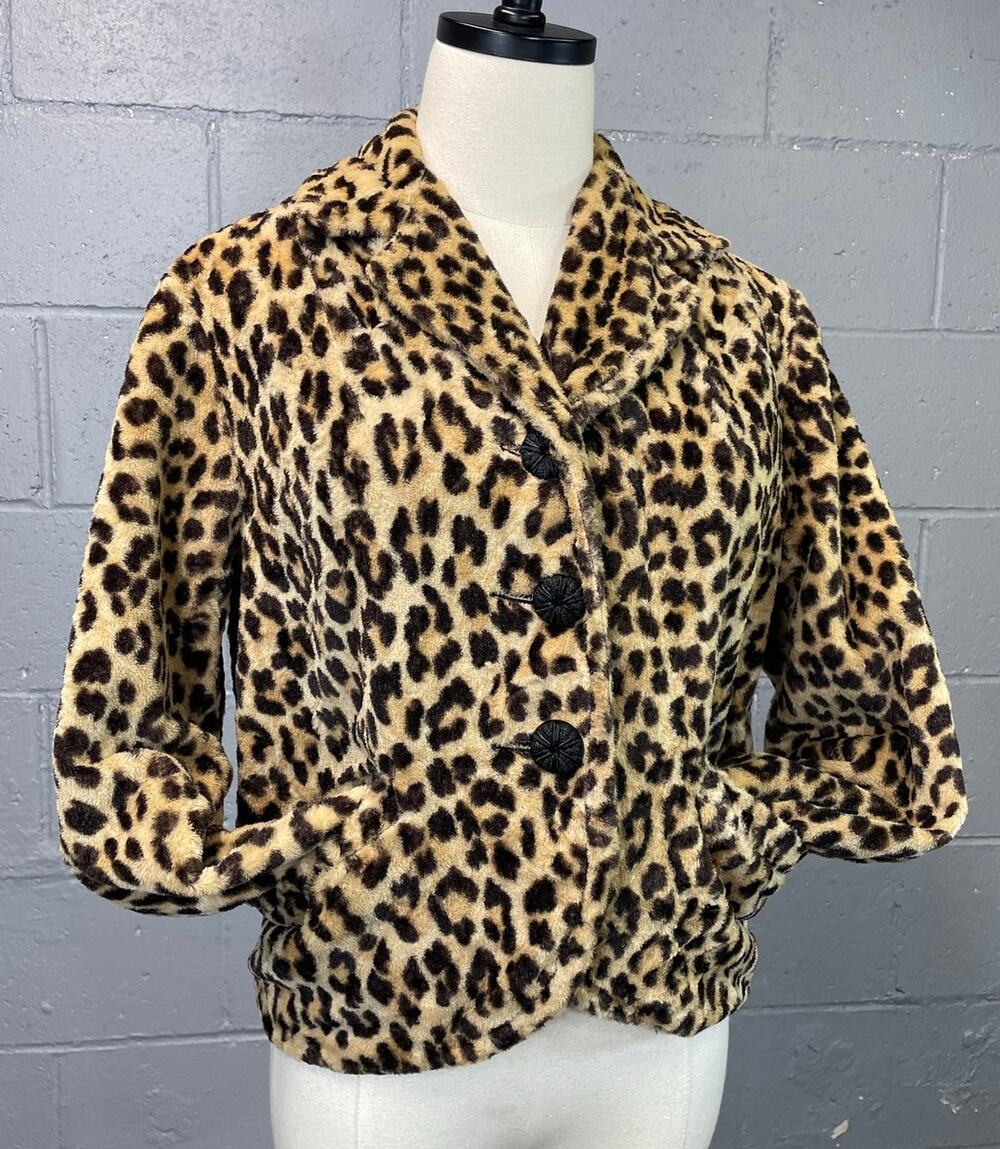 Vintage 1960s Leopard Faux Fur Jacket Cropped Franklin Simon Small Mod Glam Punk